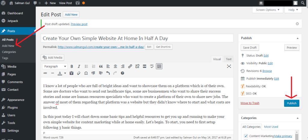 wordpress add new post area